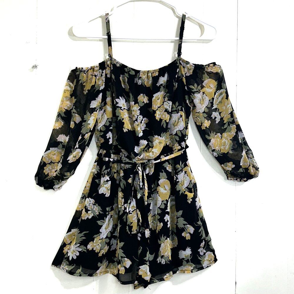 As U Wish Women’s Black Yellow Floral Romper Size S Chiffon Cold Shoulder Romper